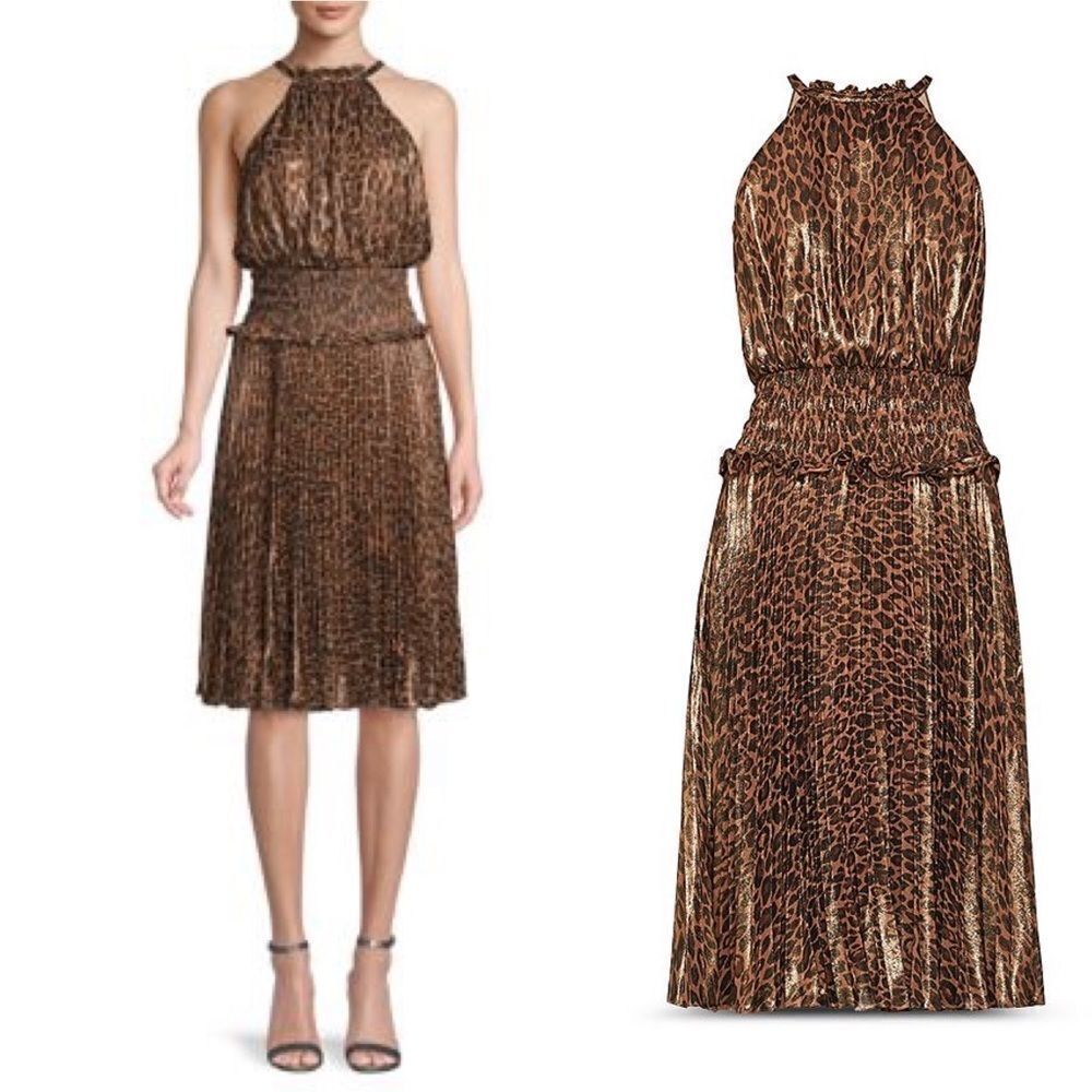 BCBGMAXAZRIA Bronze Leopard-Print Crinkle Halter Midi Dress XXS